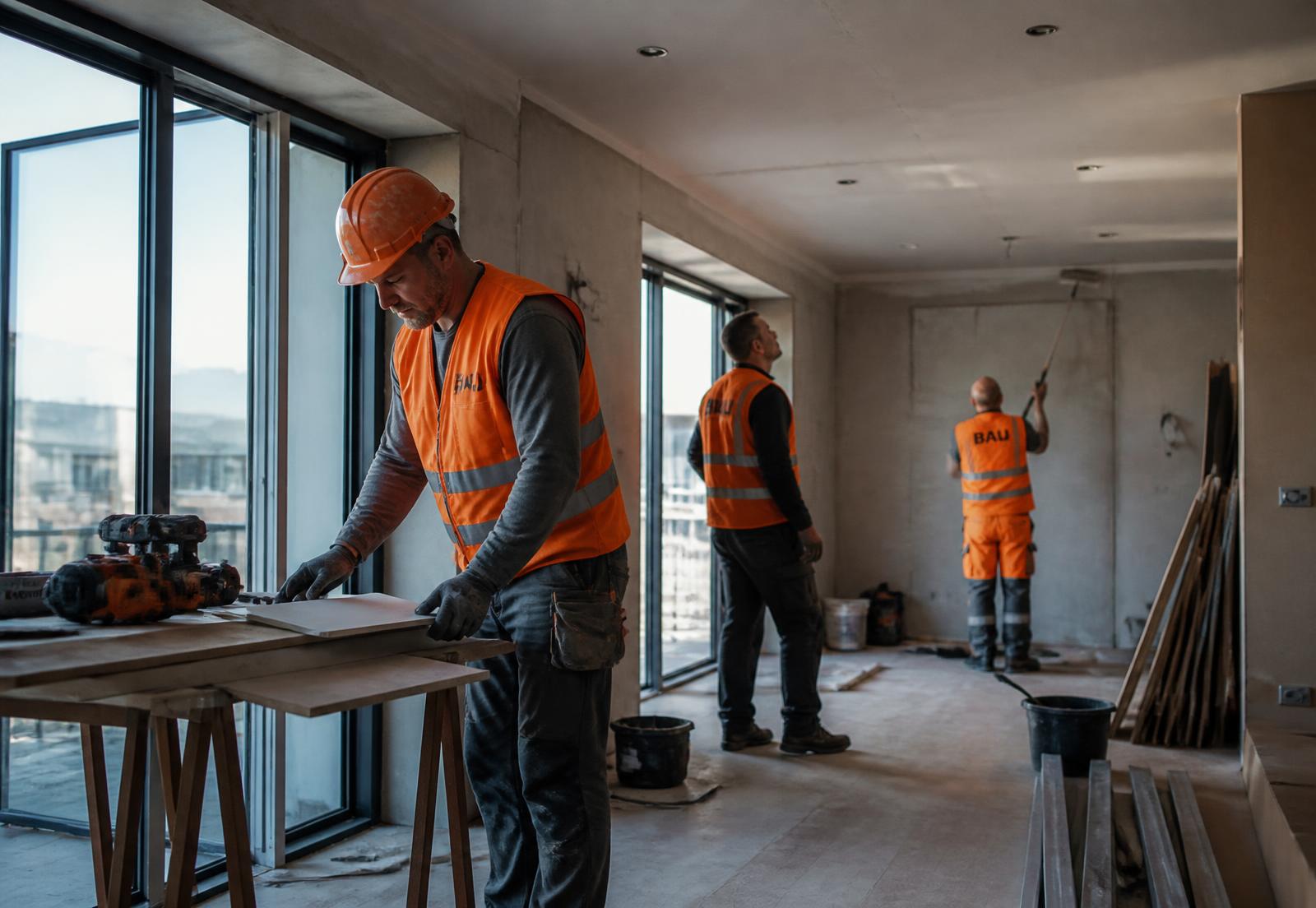 Bauteam bei der Sanierung einer Wohnung im Rhein-Main-Gebiet